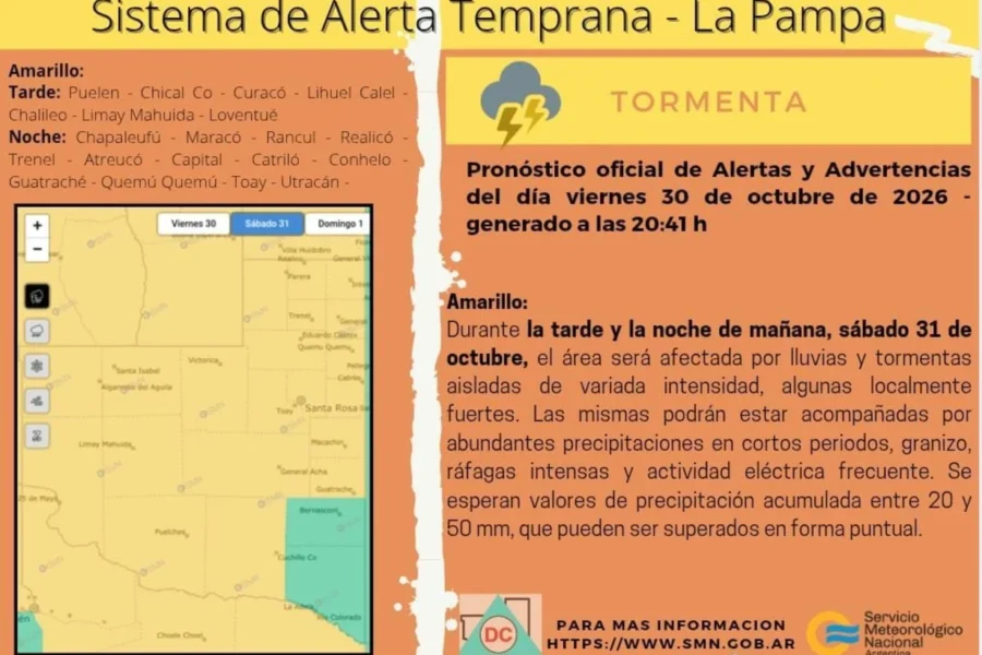 Alerta amarillo por tormentas en gran parte de La Pampa